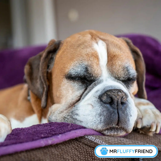 Nahaufnahme von einem schlafenden alten Boxer mit geschlossenen Augen auf einer kuscheligen lila Decke – Titelbild für unseren Blog über alte Hunde, die den ganzen Tag pennen.